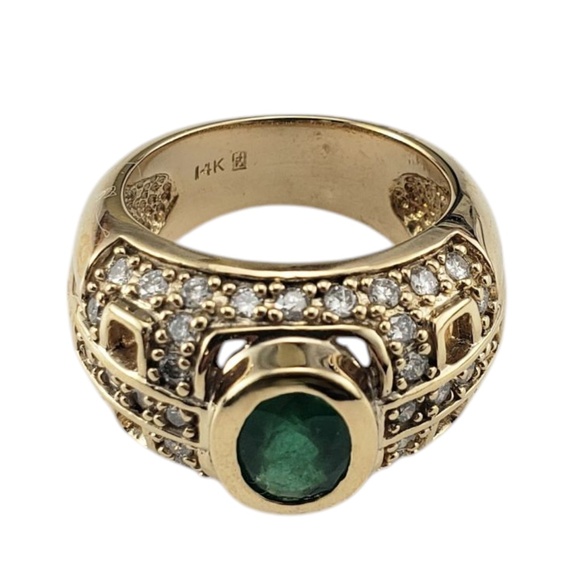 14K Yellow Gold Natural Emerald and Diamond Dome Ring Size 5.75 #21213 - Picture 2 of 9